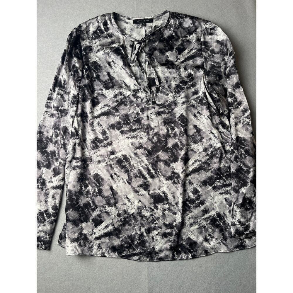 Lafayette 148 Grey printed front tie silk blouse, Size Medium